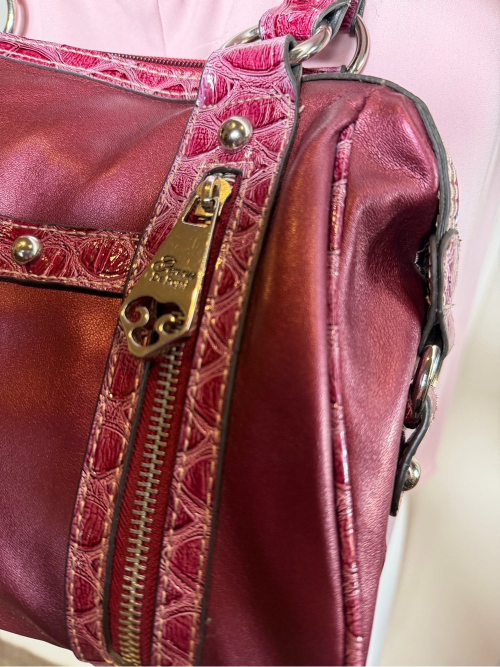 Genna De Rossi~Burgundy~Faux Leather~Croc-Embossed Detail~Double Strap~Handbag - Picture 5 of 16
